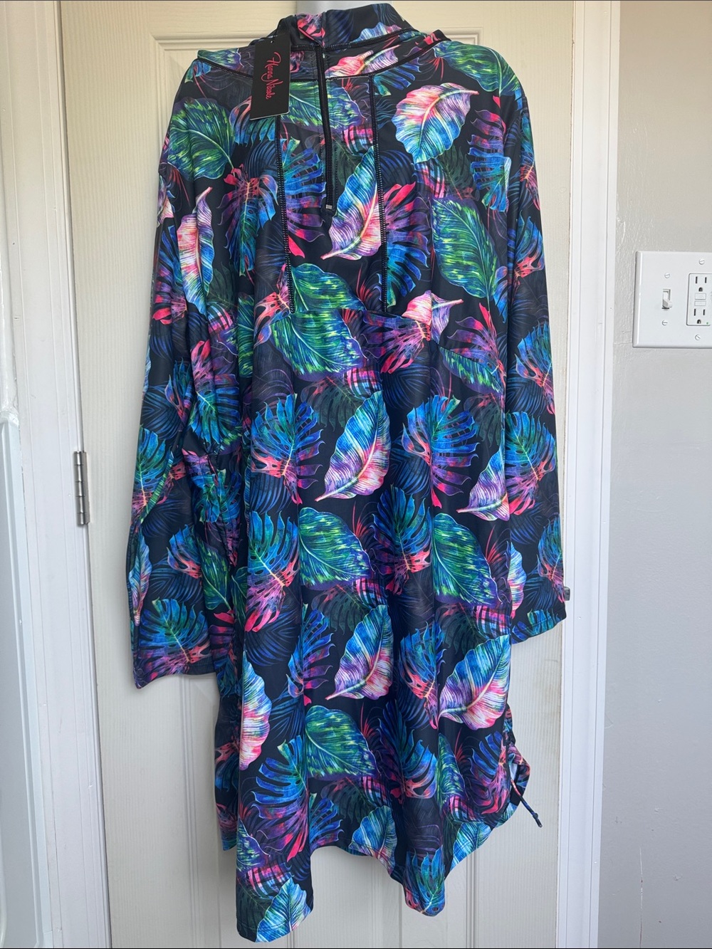 Multi Tropical Leaf Hooded Swim Coverup